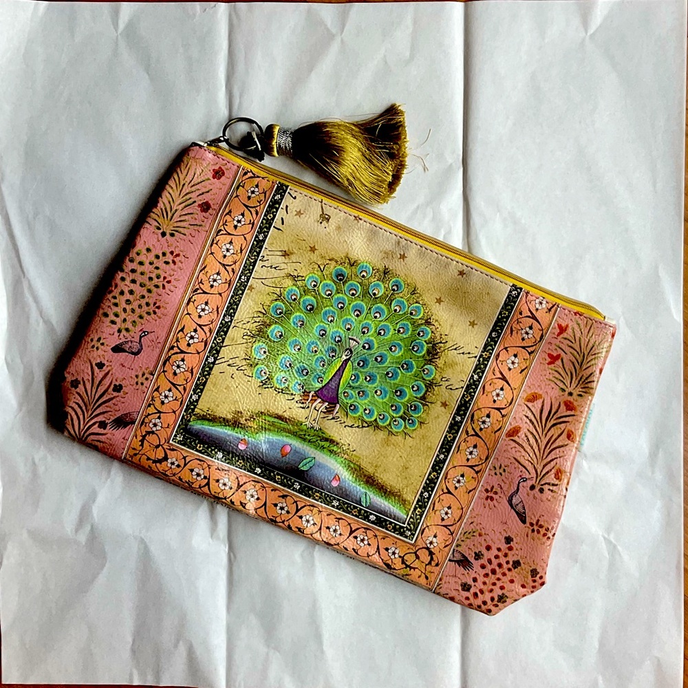 Papaya Starlet Tassel Large Pouch, pink peacock design